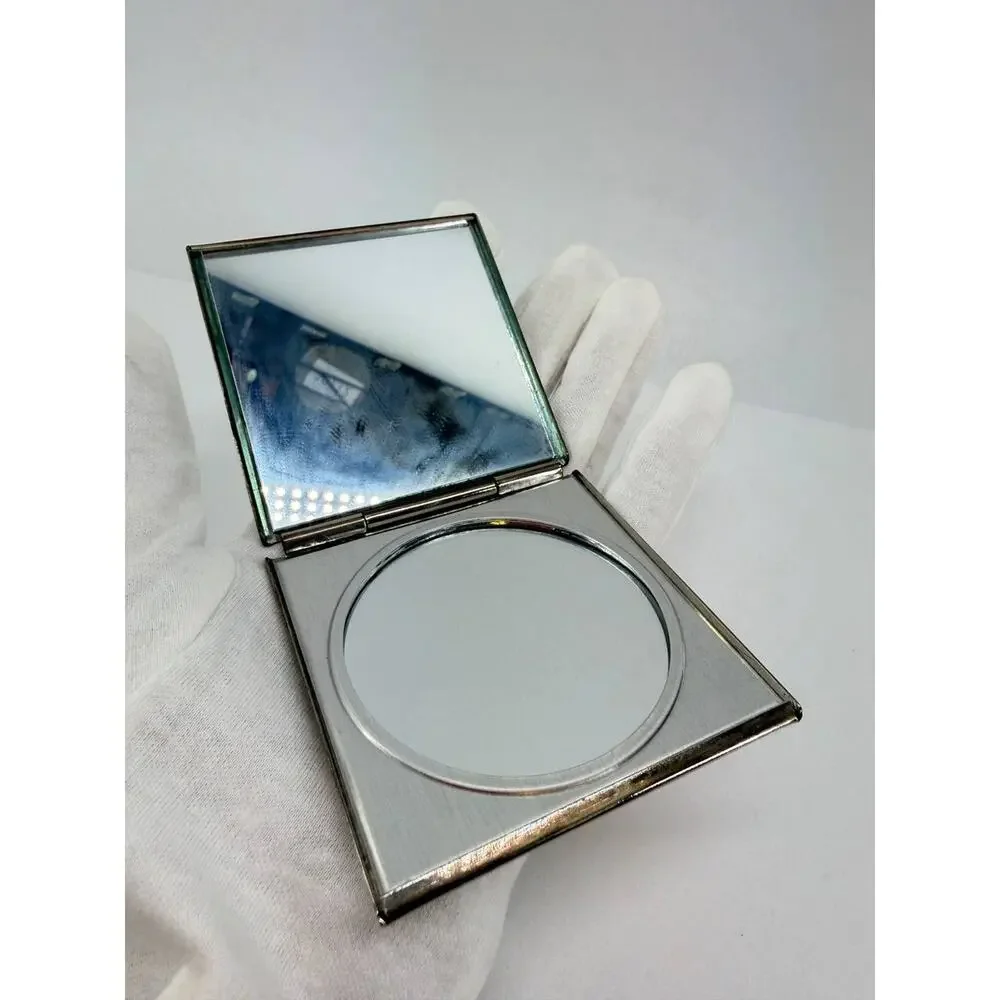 Silver Tone Metal Double Compact Mirror Engraved BS Monogram Folding